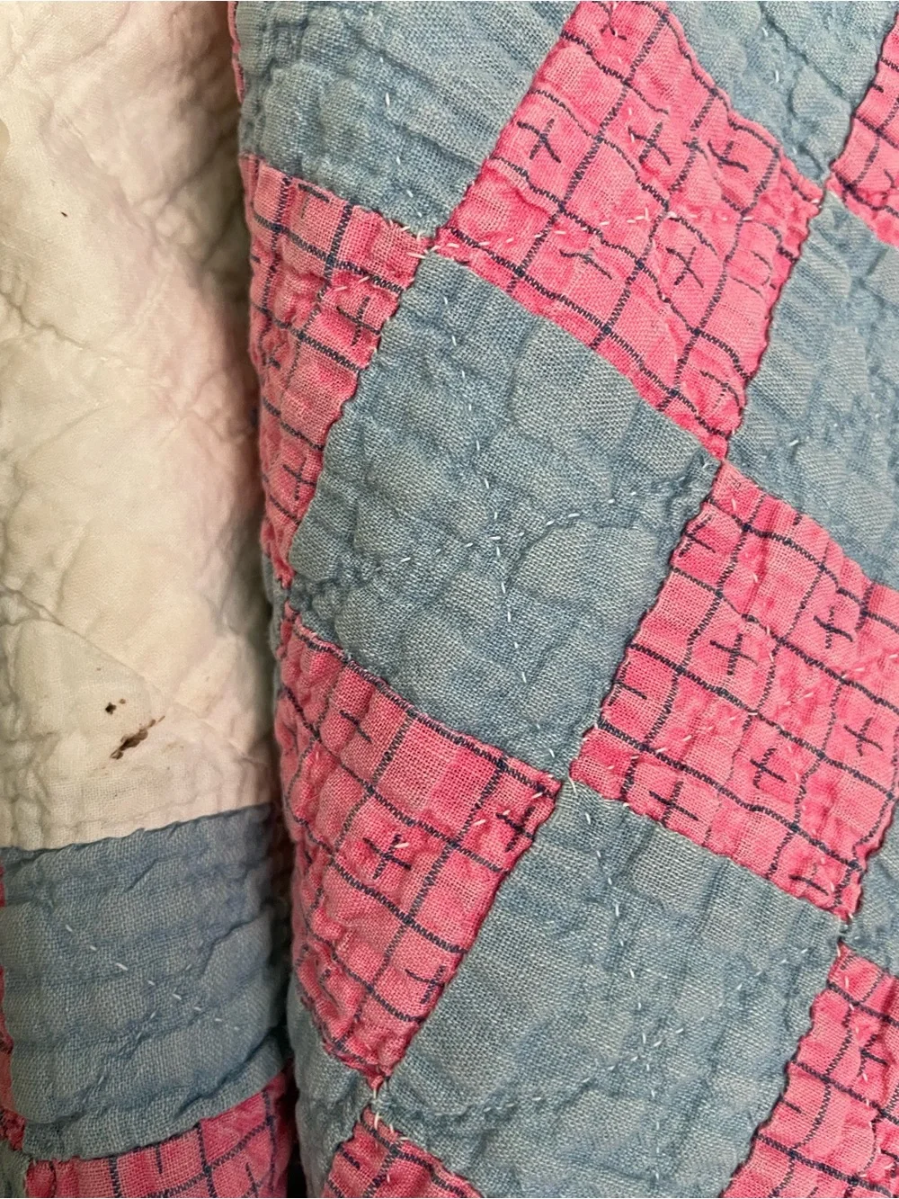 Vintage Antique Hand Quilted Irish Chain Quilt Pink Blue 80x72 Cottage